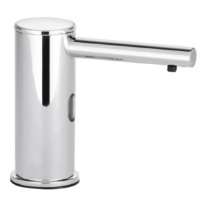 Sleek chrome soap dispenser with cylindrical body and straight spout.