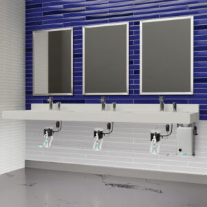 Modern bathroom with three mirrors, white countertop, exposed plumbing, blue tile wall.