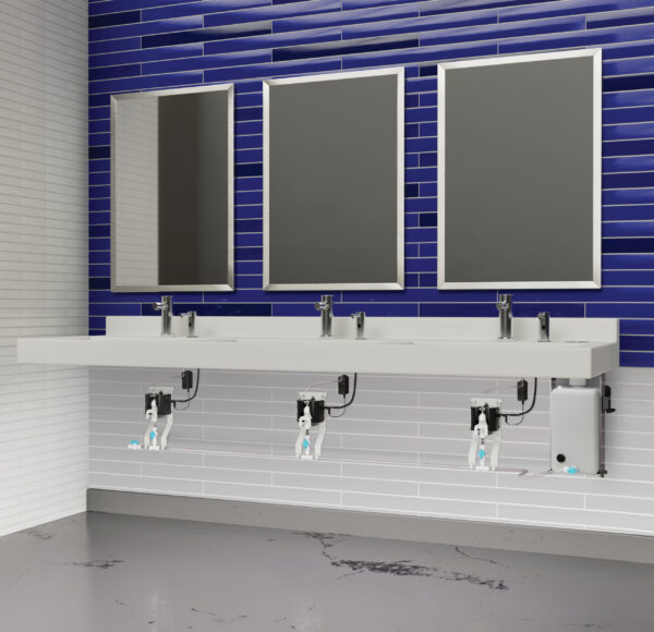 Modern bathroom with three mirrors, white countertop, exposed plumbing, blue tile wall.