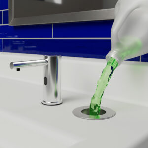 Modern bathroom sink with touchless faucet, green liquid poured into drain, blue tile backdrop.