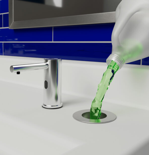 Modern bathroom sink with touchless faucet, green liquid poured into drain, blue tile backdrop.