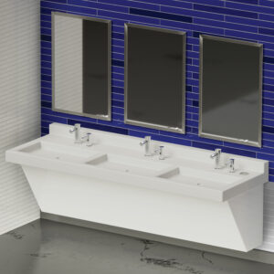 Modern restroom with three mirrors, blue tile wall, and three-sink basin with chrome faucets.