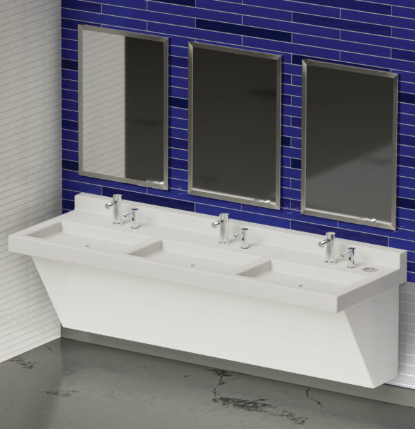 Modern restroom with three mirrors, blue tile wall, and three-sink basin with chrome faucets.