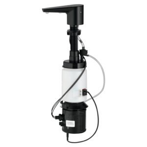Black and white automatic soap dispenser with refillable container and touchless sensor nozzle.