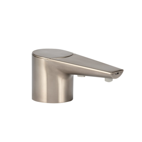 Modern brushed metal faucet with cylindrical base and streamlined spout design.