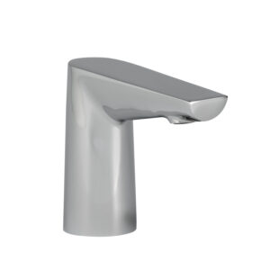 Modern stainless steel faucet with a smooth, curved design.