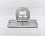 Wall-mounted gray baby changing station open against a tiled wall with instructions visible.