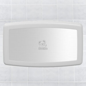 Wall-mounted horizontal baby changing station with central logo on tiled surface.