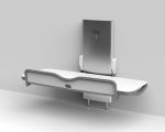 Wall-mounted, foldable baby changing table, closed, metal and plastic with safety barriers.