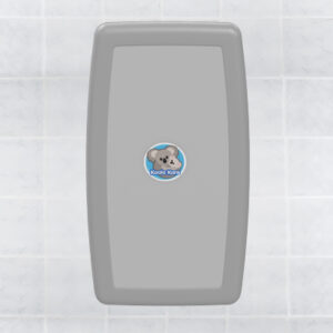 Gray wall-mounted baby changing station with koala logo in the center.