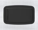 Black plastic rectangular lid with handles on a tiled surface.