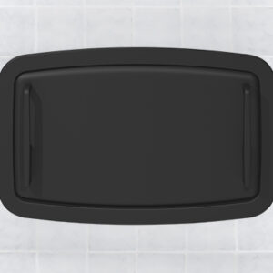 Black plastic rectangular lid with handles on a tiled surface.