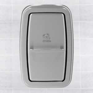 Koala Kare stainless steel diaper changing station on a tiled wall with cartoon koala logo.