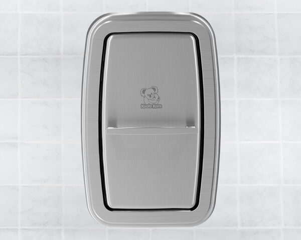 Koala Kare stainless steel diaper changing station on a tiled wall with cartoon koala logo.