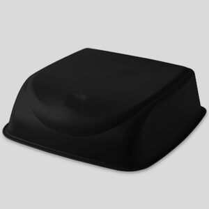 Black rectangular plastic cover with rounded edges on a flat surface.