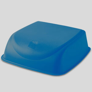 Blue rectangular plastic lid with rounded edges on a flat surface