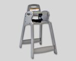 Gray plastic high chair for young children with safety belt and sturdy frame.