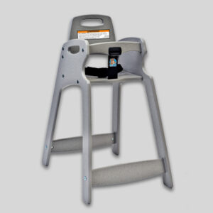 Gray plastic high chair for young children with safety belt and sturdy frame.