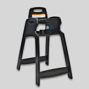 Black plastic high chair with open-back design and side cup holder for infants.