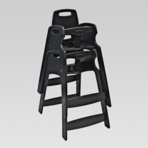 Stacked black high chairs with safety harnesses and footrests for children.