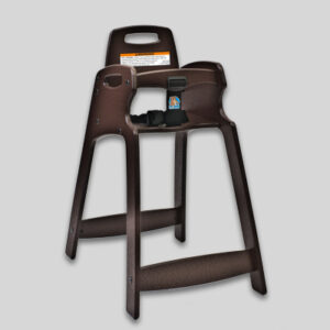 Brown high chair with safety harness and warning label for small children.