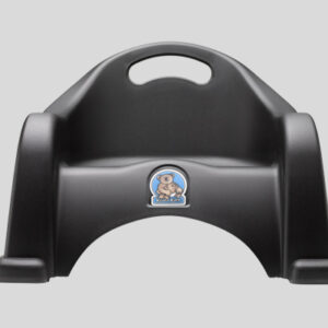 Black plastic booster seat with handle and bear logo on front