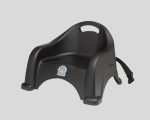 Black child booster seat with backrest, handle, and safety belt for secure chair attachment.