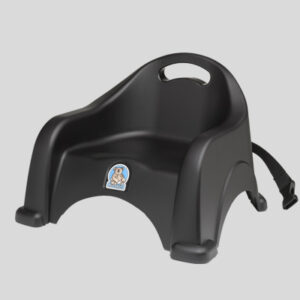 Black child booster seat with backrest, handle, and safety belt for secure chair attachment.