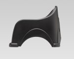 Black curved plastic stand with sturdy base and smooth edges for object support.