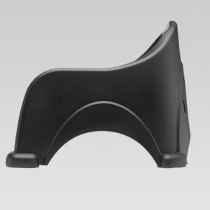 Black curved plastic stand with sturdy base and smooth edges for object support.