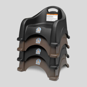 Stacked dark high chairs with handles and front labels.