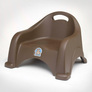 Brown child's plastic chair with armrests, backrest, cutout handle, and front illustration.