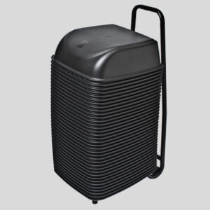Black rectangular plastic cover with ribbed design and metal handle, for outdoor protection.