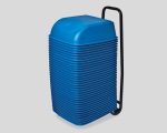 Stack of blue chairs on a black trolley for transport and storage.