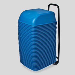 Stack of blue chairs on a black trolley for transport and storage.