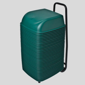 Green ribbed portable cooler with black handle and wheels for transport.