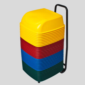 Stacked colorful cafeteria trays on a black metal stand, in yellow, red, blue, and green.