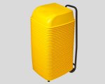 Yellow plastic bins stacked on a black metal trolley for easy transport and storage.