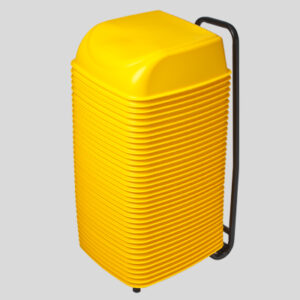 Yellow plastic bins stacked on a black metal trolley for easy transport and storage.
